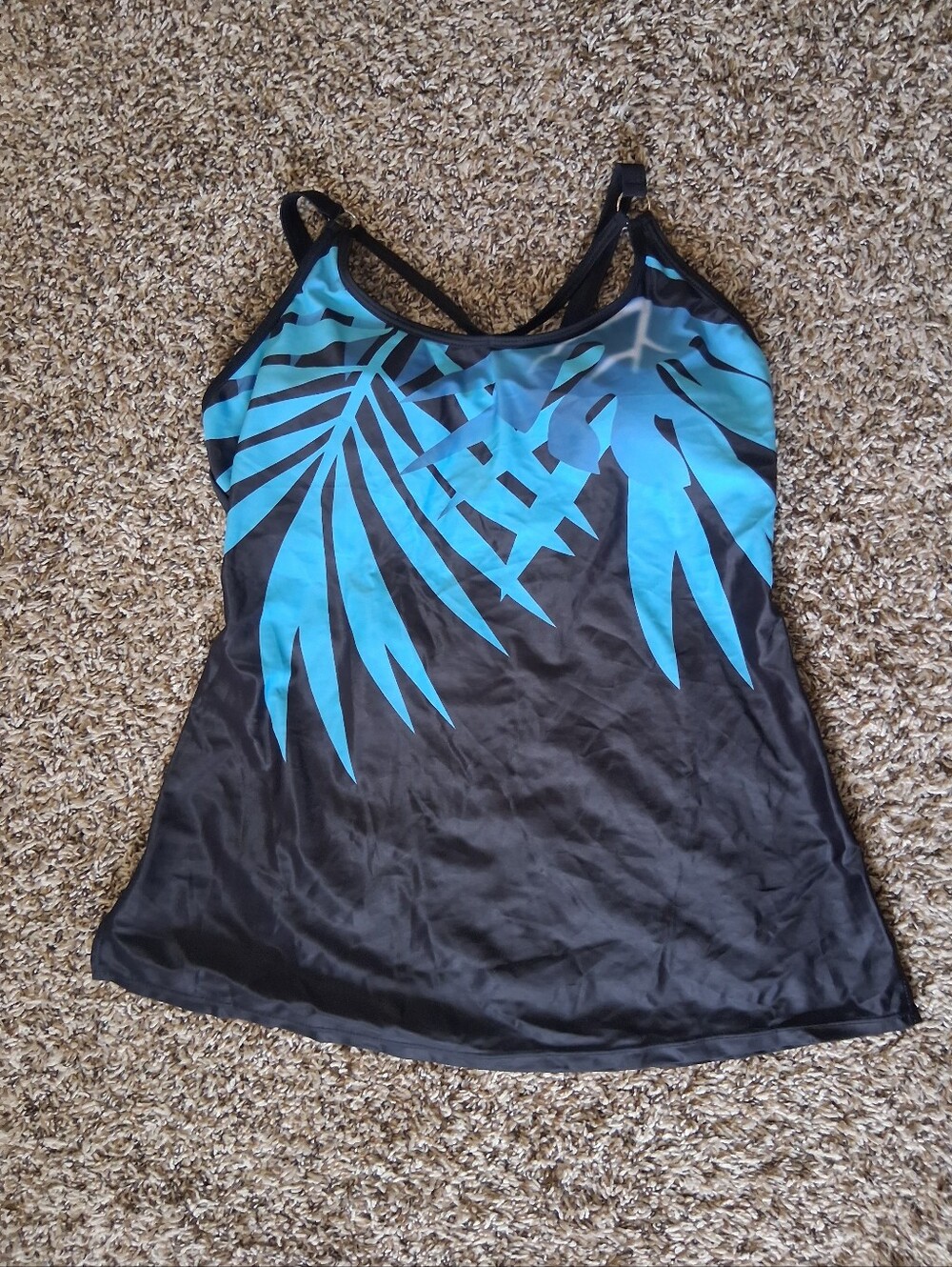 Black Swimsuit Top with Blue Tropical Print